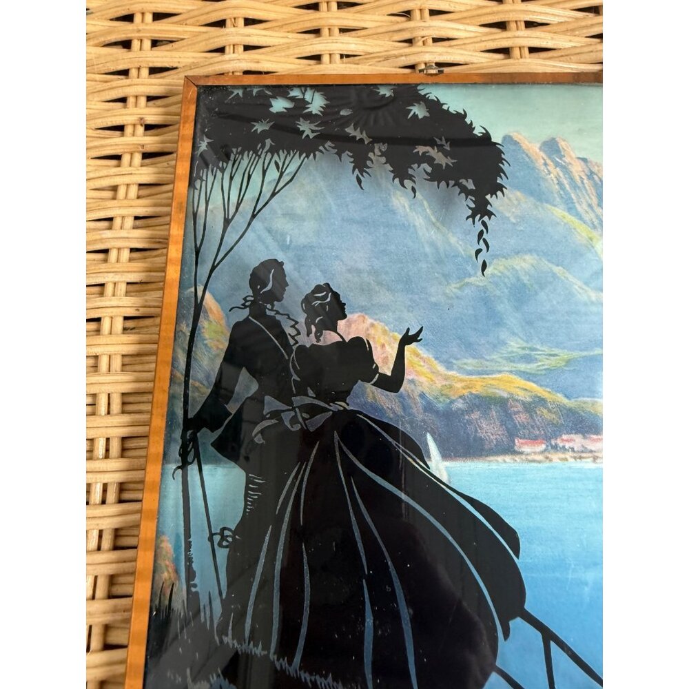 Vintage 40's Reverse Painted Silhouette Victorian Couple Mountain scene Picture - Picture 5 of 9